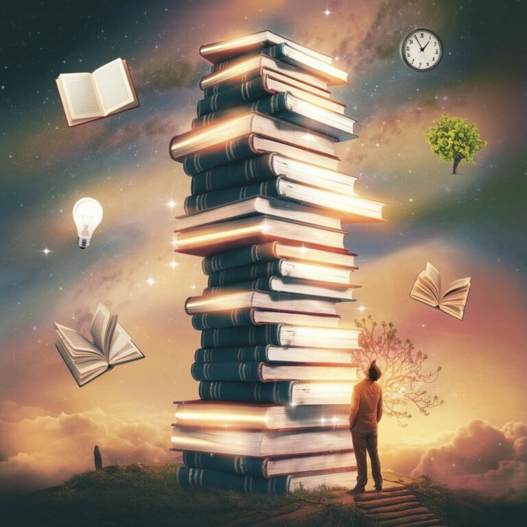 Stack of glowing personal development books symbolizing knowledge and growth, with a determined figure looking upward, surrounded by icons of productivity, mindfulness, and success